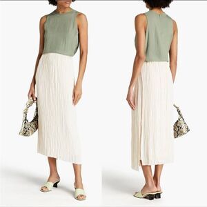 VINCE Plissé Satin Crepe Micro Pleat Ivory Cream Midi Skirt Sz L NWT